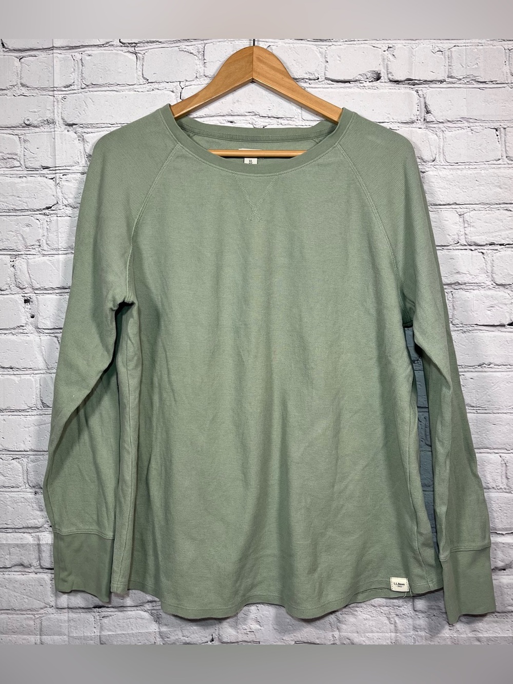 LL Bean Waffle Knit Thermal Shirt Womens Size XL Green Long Sleeve Cotton